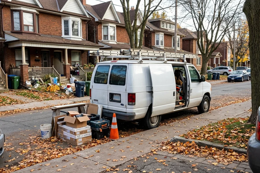 Hardwood refinishing crew van on a Toronto residential street