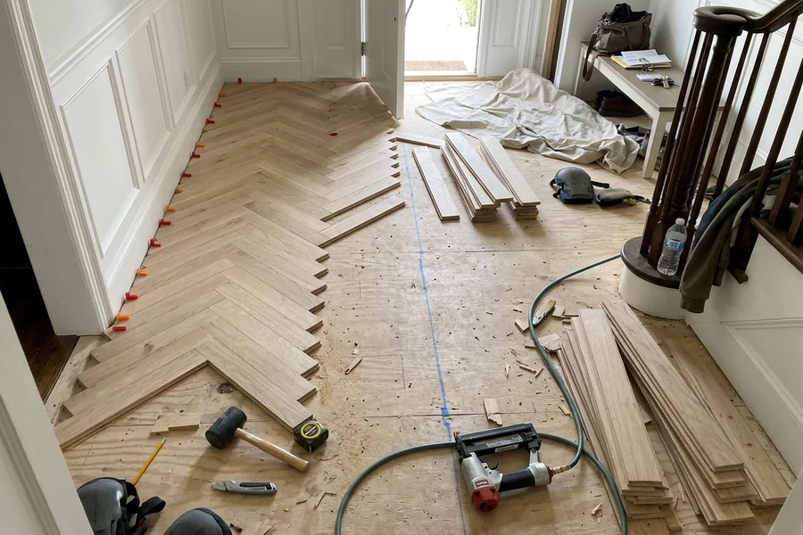 Herringbone white oak partly installed along a chalk centre line in a Forest Hill entry