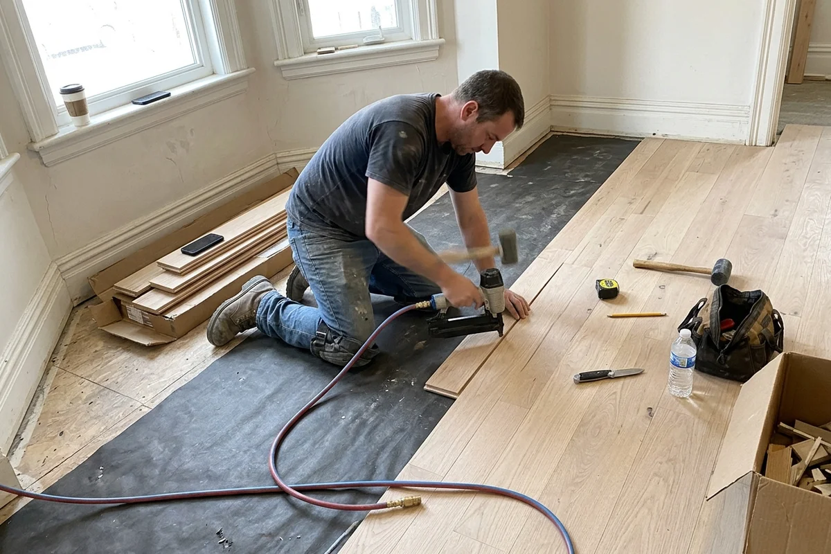 Hardwood floor installation Toronto: installer nailing white oak boards over underlayment