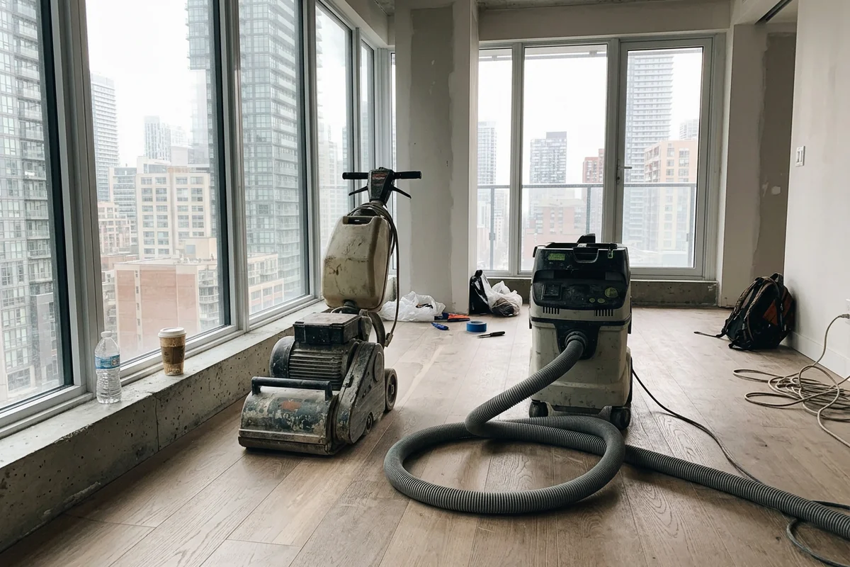 Engineered hardwood refinishing Toronto: Lagler Trio on engineered oak in a King West condo