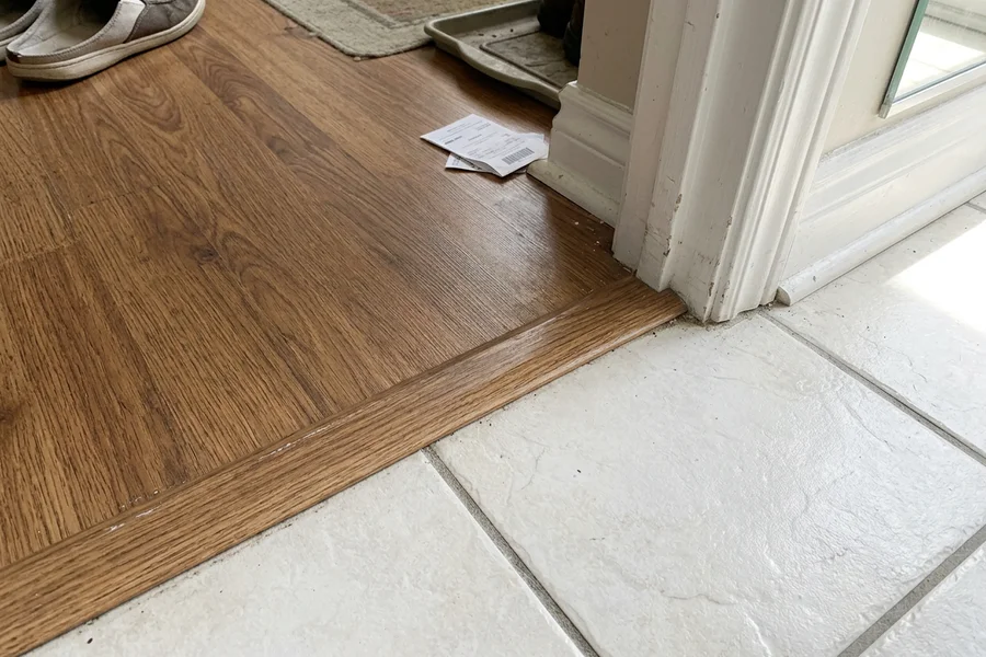 Laminate-to-tile T-moulding transition at a rental doorway