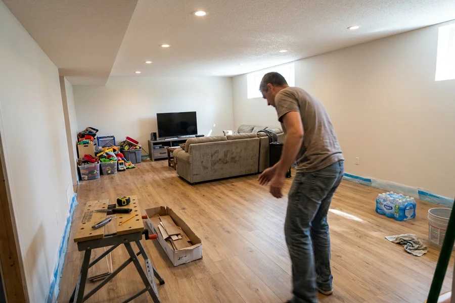 Laminate in a dry basement rec room with vapor barrier visible before trim