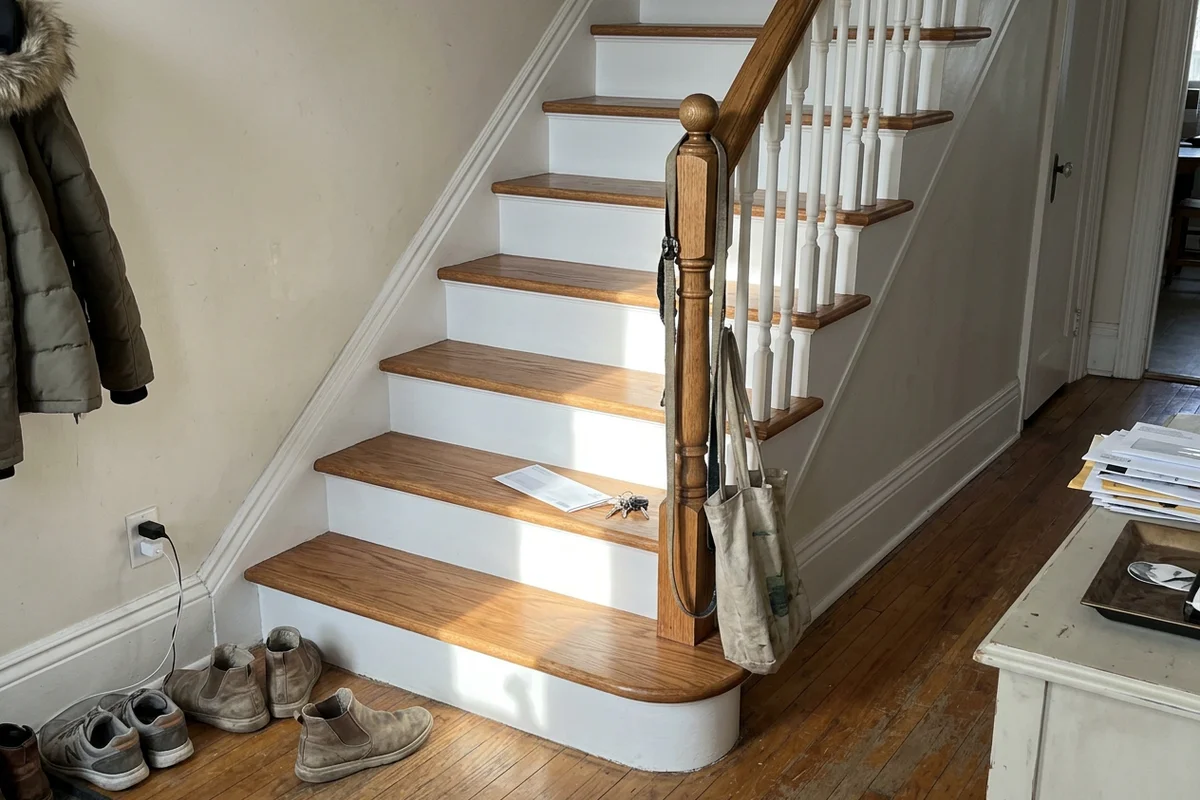 Stair refinishing Toronto: recapped oak staircase with stained treads and white risers