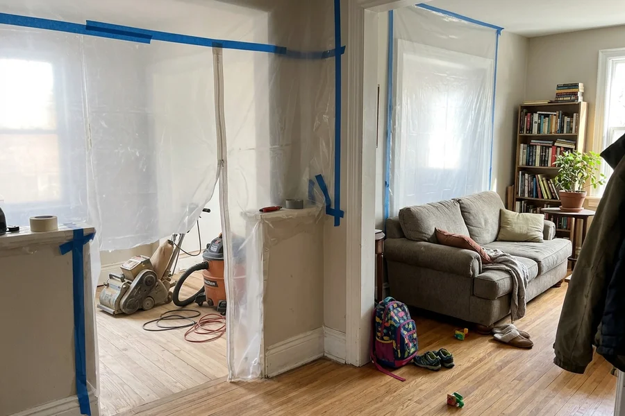Zip wall separating the sanding area from occupied rooms in a Toronto semi