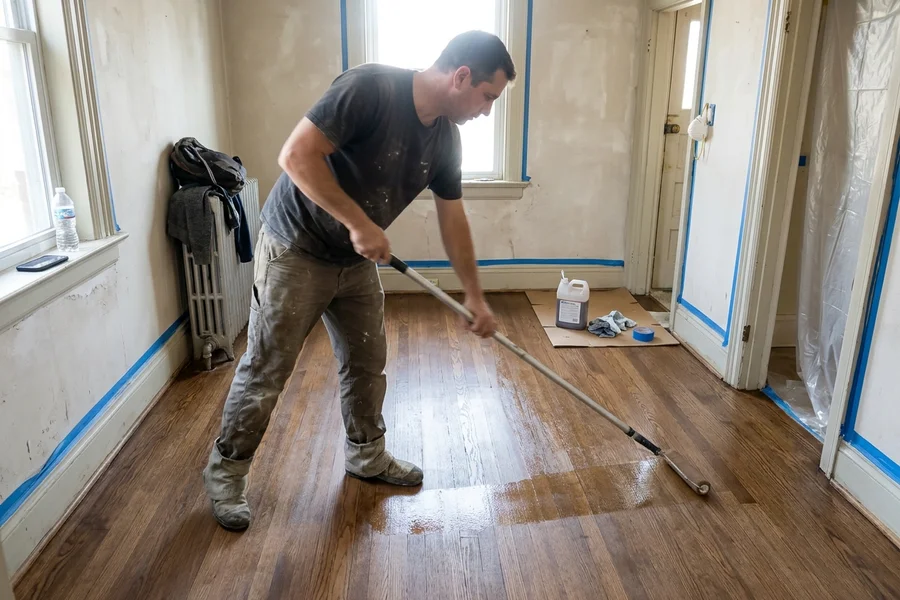 Rolling a coat of Bona Traffic HD over a walnut-tone stain in a Toronto semi