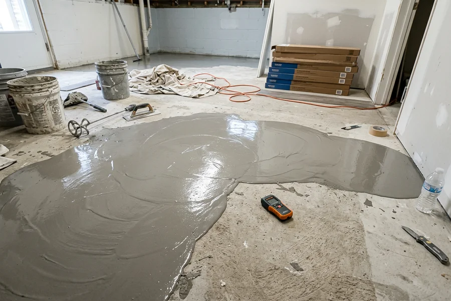 Self-levelling compound on a basement slab before vinyl plank installation