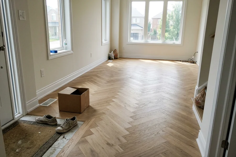 Erin Mills New Build Herringbone, Erin Mills, Mississauga: hardwood refinishing Toronto project